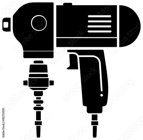 Black silhouette icon of a pneumatic impact wrench gun with air hose connectors for automotive repair construction and industrial mechanical work clean vector graphic