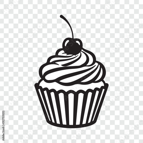 A meticulously drawn black and white illustration of a tempting cupcake topped with a plump cherry, perfect for evoking feelings of delight and sweet indulgence.