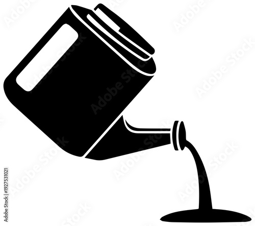 Black silhouette of an oil can container with liquid pouring out symbolizing lubrication maintenance and industrial fluid transfer isolated on a clean white background