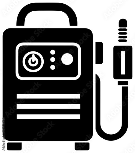 Compact portable inverter welding machine icon with power button and indicator lights symbolizing modern industrial equipment for mobile fabrication and repair tasks clean vector