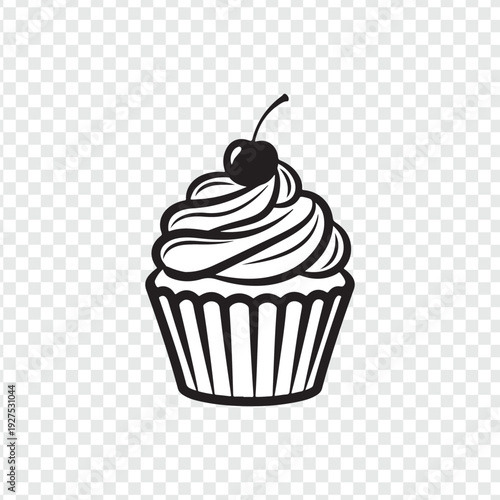 A delightful cupcake with a luscious swirl of frosting, adorned with a sweet cherry, presented in a minimalist, eye-catching style.