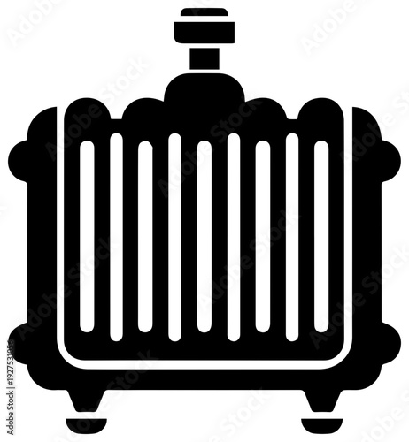 Simple black filled icon of a vintage car radiator with a cap representing automotive parts engine cooling and mechanical engineering isolated on a clean white background