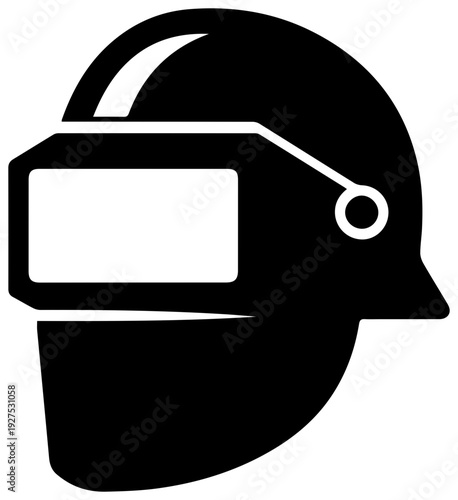 Black filled icon representing a protective welding helmet with a clear visor signifying industrial safety skilled labor and the craft of metalworking for construction