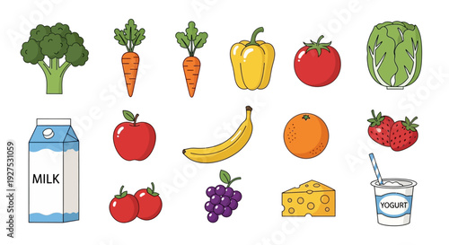 Vibrant illustrated assortment of fresh fruits and vegetables on white background