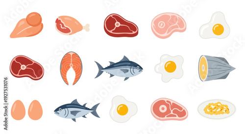 Assortment of various protein food items including chicken beef fish and eggs