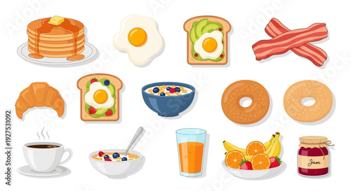 Breakfast food assortment pancakes eggs toast bacon coffee and more on white