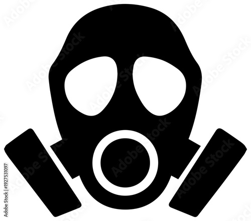 Black filled icon of a respirator mask symbolizing protection against airborne hazards pollution and chemical threats isolated on a clean white background representing safety