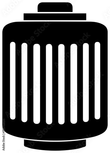 Simple black filled icon representing a spin on oil filter a crucial automotive engine maintenance component isolated on a clean white background symbolizing mechanical upkeep