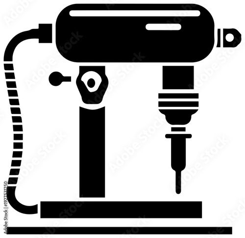 Detailed black filled icon representing a spot welding machine with a flexible hose connected to the main unit isolated on a clean white background symbolizing industrial