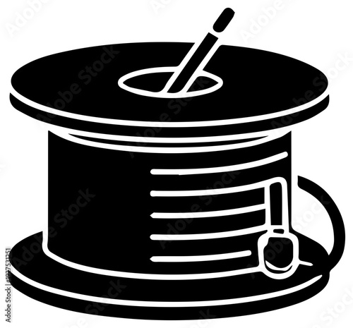 Solid black filled icon representing a spool of mig welding wire a crucial consumable component for metal inert gas welding processes symbolizing fabrication and industrial
