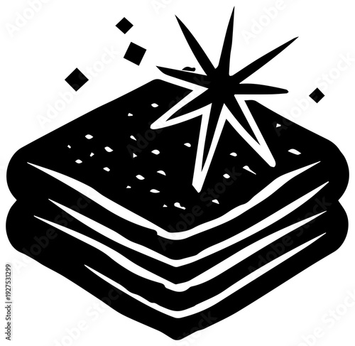 Black filled icon representing a steel wool scouring pad with sparkling clean effect and shiny starburst symbolizing freshness cleanliness and hygiene for household chores