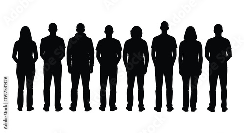 Diverse group of standing human silhouettes representing community, teamwork, and various demographic profiles in a vector graphic illustration