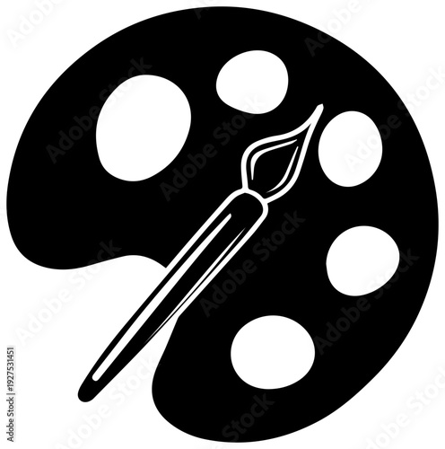Classic black filled icon symbolizing a traditional artist's wooden palette with a paintbrush resting across it representing creativity art and artistic expression in a simple