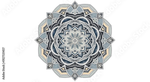 Intricate gray and beige ornamental mandala design on white background.