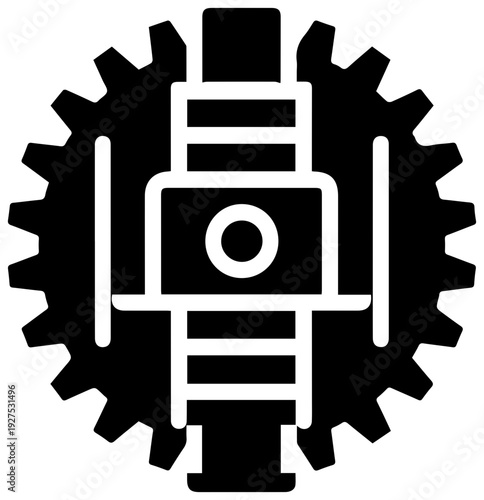 Solid black icon representing a mechanical transmission gearbox with interlocking gears and a central shaft mechanism symbolizing engineering mechanics and industrial power