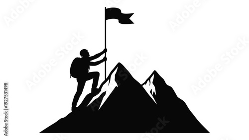 A person climbing a mountain and planting a flag isolated on white background, Vector