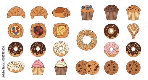 Assortment of baked goods croissants muffins donuts cookies isolated illustration