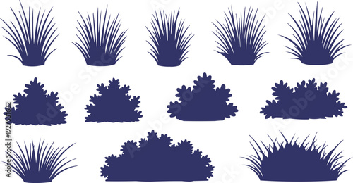 The image presents a visually appealing arrangement of stylized silhouettes of grass and bushes, all uniformly filled in a dark blue color against a contrasting background. This choice of color