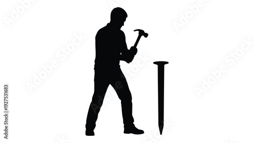 A man in silhouette hammering a nail into wood isolated on white background, Vector