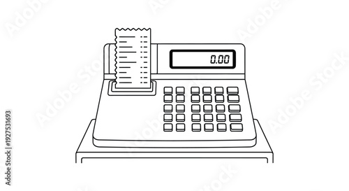 Simple black and white vector illustration of a classic cash register machine with a printed receipt showing zero