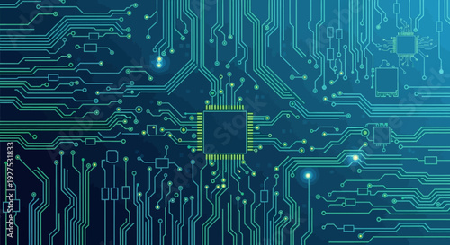 Blue circuit board with glowing connections and microchip.