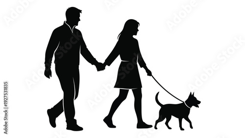 A couple walking their dog on a leash isolated on white background, Vector