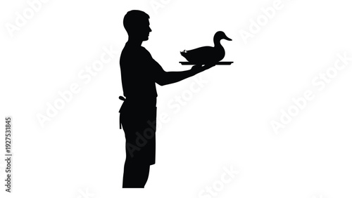 A man in a silhouette holds a duck on a tray isolated on white background, Vector