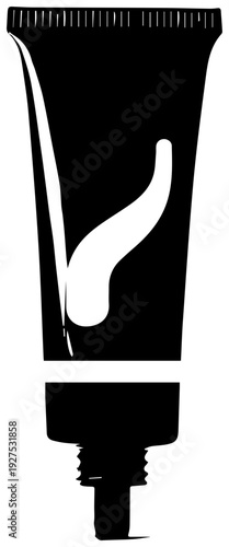 Black filled icon representing a tube of gouache paint artist's material creative supply and art tool isolated on a clean white background symbolizing artistic expression