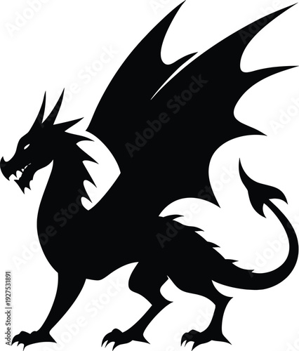 Black silhouette of a mythical dragon with wings and sharp teeth with dragon with silhouette