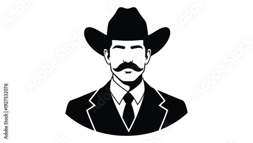 A black and white image of a cowboy in a suit isolated on white background, Vector