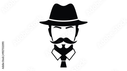 A black and white image of a man with a mustache and hat isolated on white background, Vector