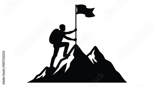A person climbing a mountain and planting a flag isolated on white background, Vector