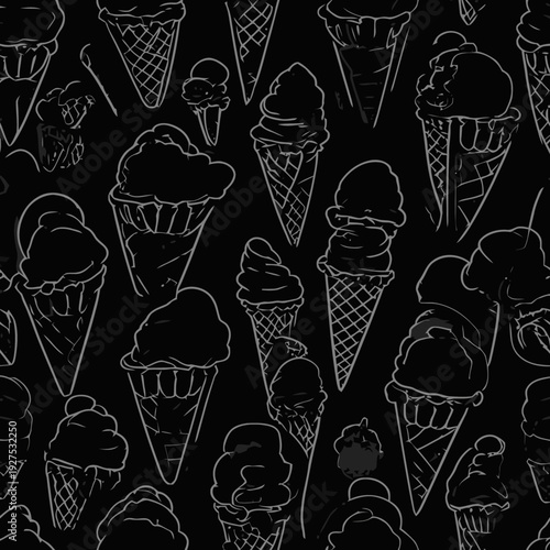 A seamless pattern of ice cream cones in flat design scattered randomly across a black background from a top-down viewpoint