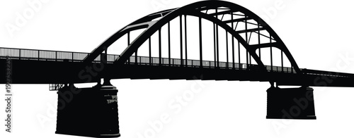 Silhouette arched bridge with vertical supports, architectural engineering design, spanning water valley, structural integrity, aesthetic appeal, cross-bracing elements, railing