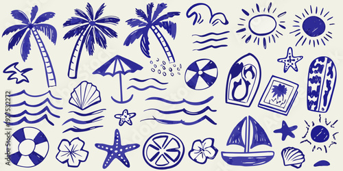 Blue summer doodles featuring palm trees suns and beach elements