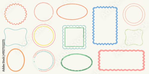 Collection of colorful simple geometric shapes and decorative frame designs
