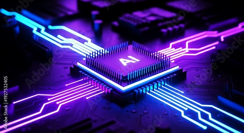 Artificial intelligence microchip with glowing purple and blue circuits on dark electronic background with neon light trails