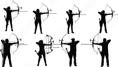 Silhouette archers with bows and arrows, traditional recurve and compound bow, diverse stances, quivers, archery techniques, sports equipment illustration