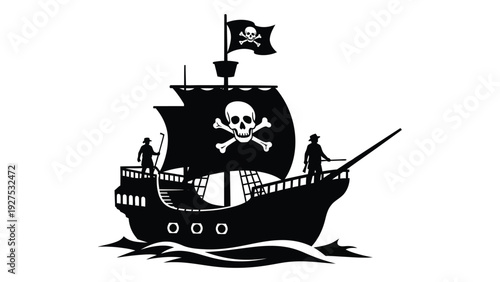 A black and white image of a pirate ship with a skull and crossbones flag isolated on white background, Vector