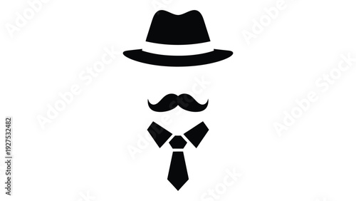 A simple black silhouette of a man's face made of hat mustache and tie isolated on white background, Vector