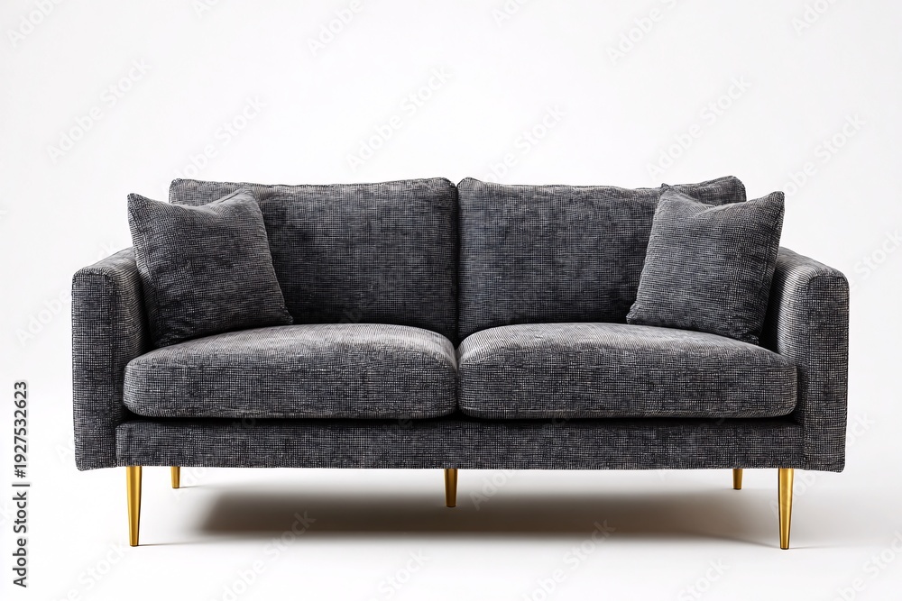 Fototapeta premium Modern gray sofa with gold legs and patterned cushions on white background