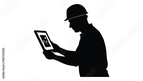 A silhouette of a construction worker looking at a tablet isolated on white background, Vector