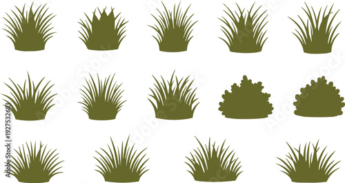 A collection of green bushes or clumps of grass are shown, each presented as a silhouette against a clean white background. This clear contrast enhances the graphic quality of the composition, 