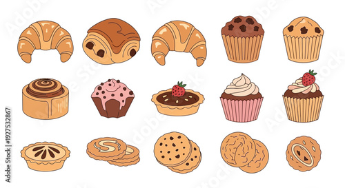 Assortment of baked goods croissants muffins tarts and cookies in artistic illustration