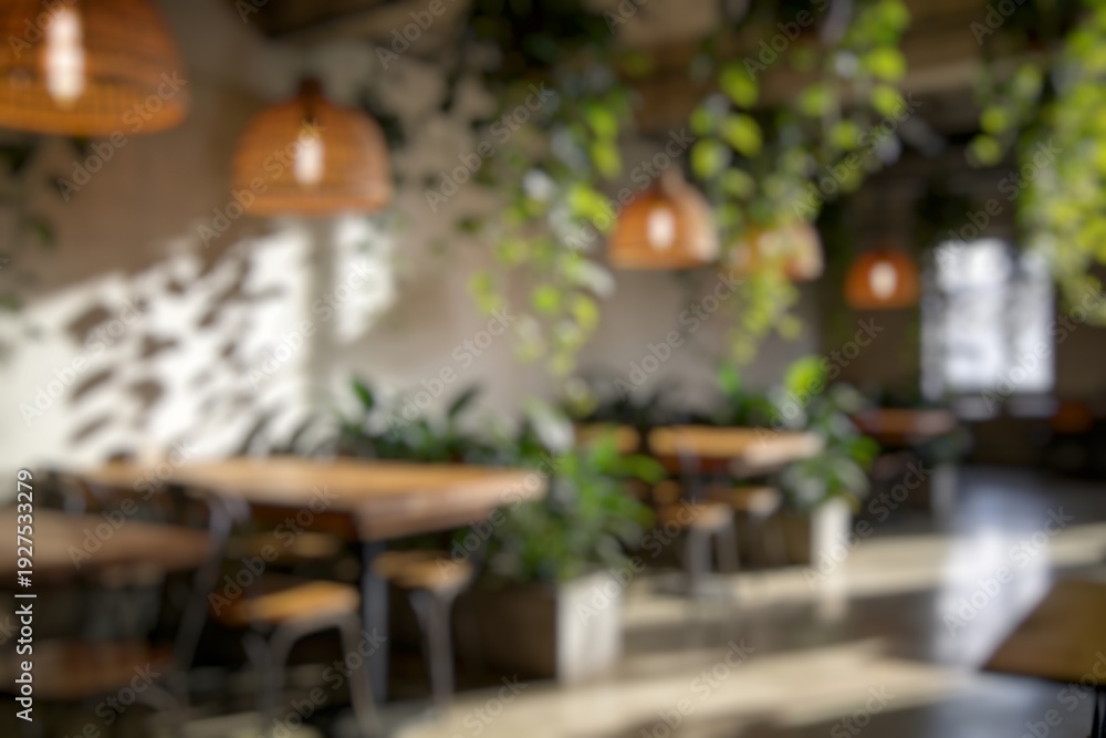 Obraz premium A softly blurred interior of a cozy cafe with wooden tables, hanging lamps, and lush green plants, creating a warm and relaxing atmosphere with copy space.