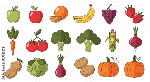 Colorful vector illustration of various fresh fruits and vegetables on white