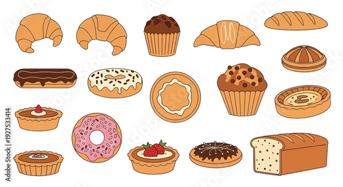 Assortment of bakery goods croissants muffins donuts breads and pastries