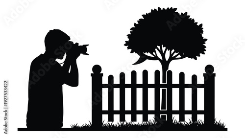 A man taking a photo of a tree behind a fence isolated on white background, Vector