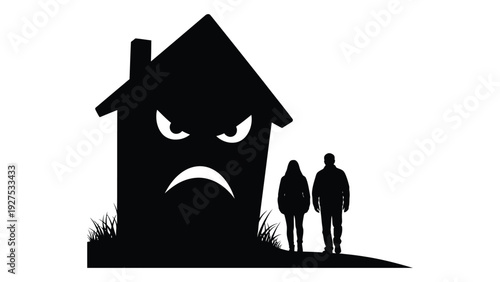 A couple approaching a menacing house isolated on white background, Vector