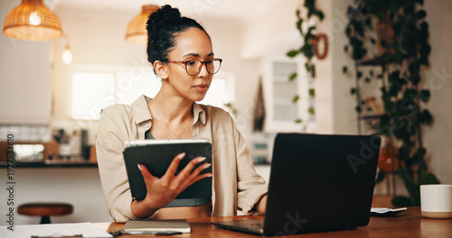Tableau sur toile Laptop, woman or tablet for work from home, financial records evaluation or audit for accuracy check